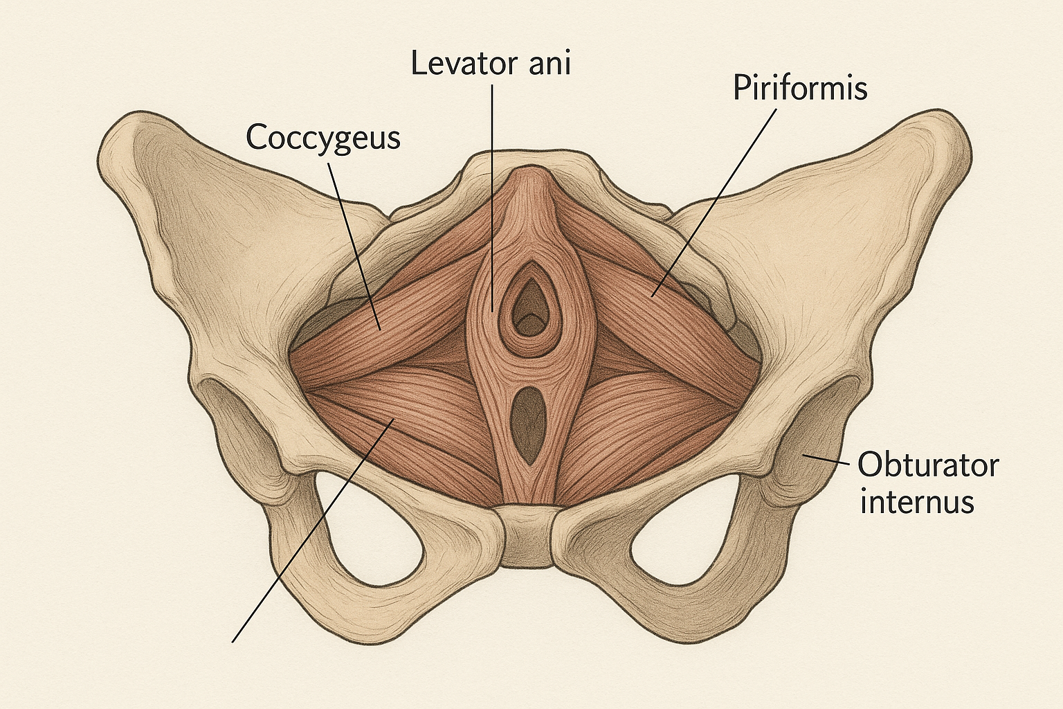 Anatomical illustration of pelvic floor muscles showing Levator ani, Coccygeus, Piriformis, and Obturator internus muscles